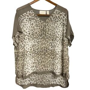 Chico's Animal Print Sheer Tunic Blouse Size L Brown Ivory Oversized Boxy Flowy